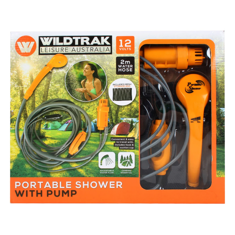 Load image into Gallery viewer, WILDTRAK 12V CAMP SHOWER WITH MESH BAG