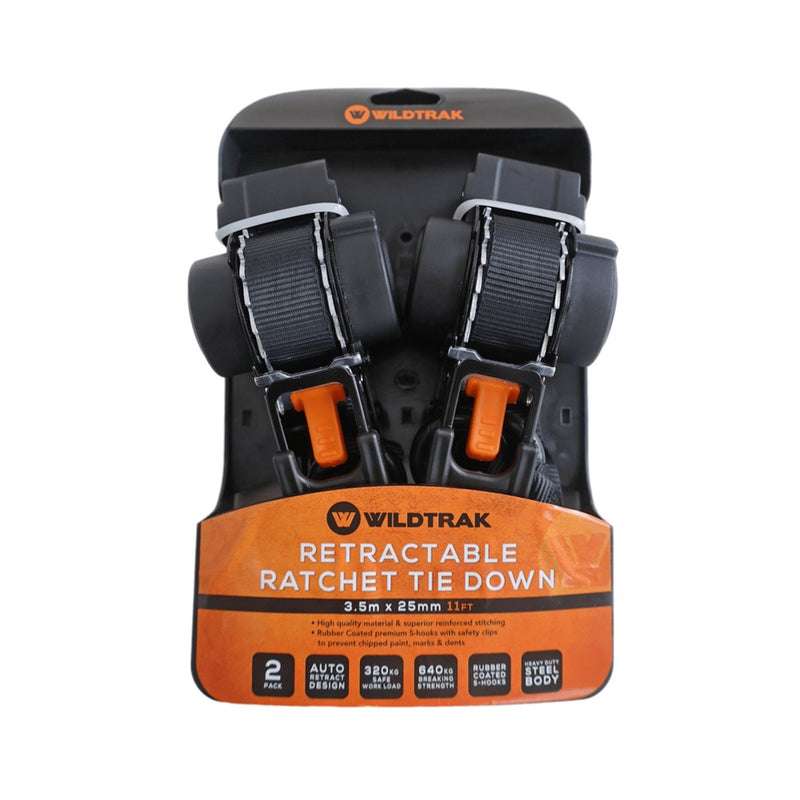Load image into Gallery viewer, WILDTRAK RETRACTABLE RATCHET TIE DOWN STRAP 2PCE 350X2.5CM