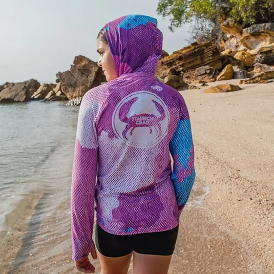 STAUNCH CRAB FISHING SHIRT KIDS HOODED MAGENTA/BLUE [SZ:8]