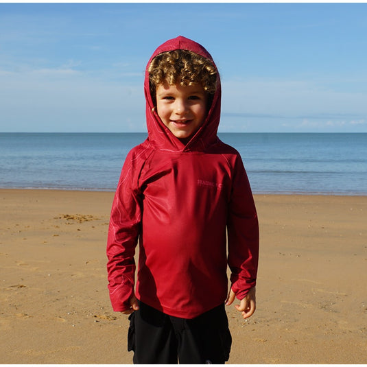 STAUNCH CRAB RED CONTOUR UPF50+ HOODED LONG SLEEVE FISHING SHIRT KIDS [SZ:10]