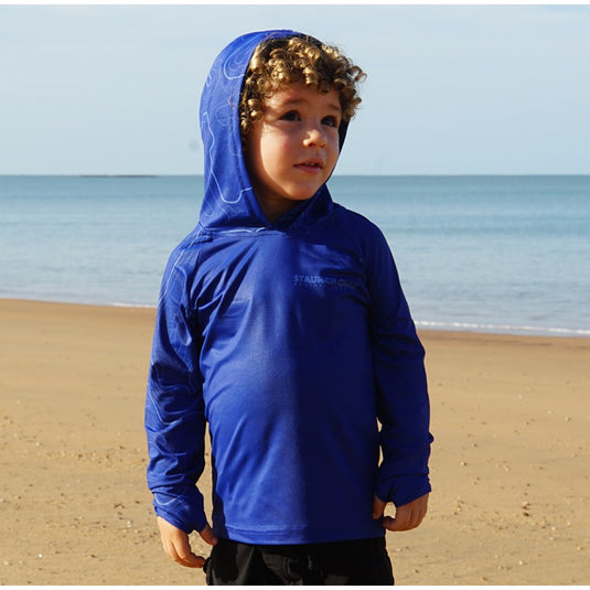 STAUNCH CRAB NAVY CONTOUR UPF50+ HOODED LONG SLEEVE FISHING SHIRT KIDS [SZ:10]