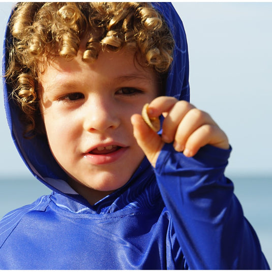 STAUNCH CRAB KIDS NAVY CONTOUR HOODED UPF50+ LONG SLEEVE FISHING SHIRT [SZ:10]