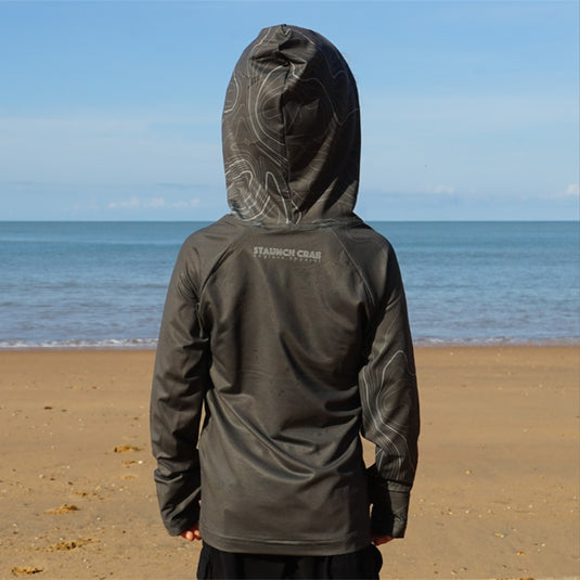 STAUNCH CRAB KIDS KHAKI CONTOUR HOODED UPF50+ LONG SLEEVE FISHING SHIRT [SZ:1]
