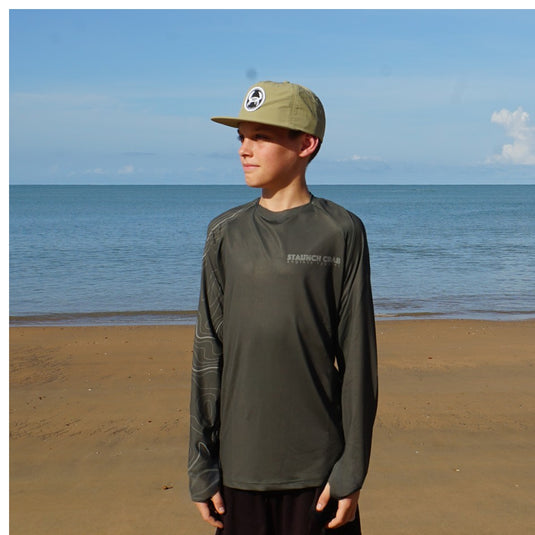 STAUNCH CRAB KIDS KHAKI CONTOUR UPF50+ LONG SLEEVE FISHING SHIRT [SZ:16]