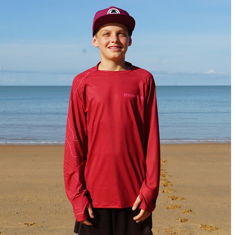 Load image into Gallery viewer, STAUNCH CRAB RED CONTOUR UPF50+ LONG SLEEVE FISHING SHIRT KIDS [SZ:12]
