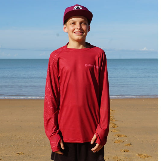 STAUNCH CRAB KIDS RED CONTOUR UPF50+ LONG SLEEVE FISHING SHIRT [SZ:16]