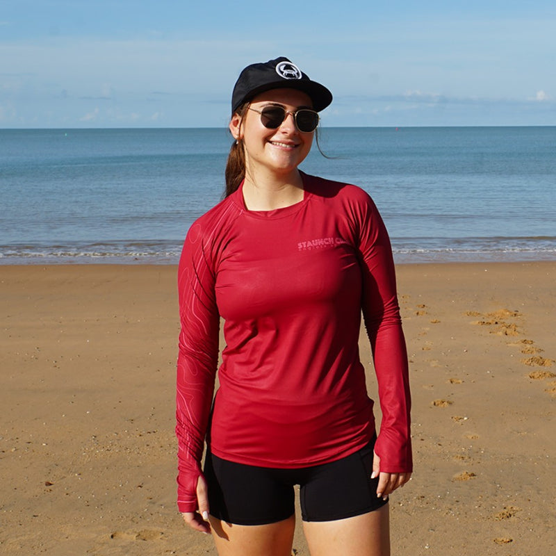 Load image into Gallery viewer, STAUNCH CRAB WOMENS RED CONTOUR UPF50+ LONG SLEEVE FISHING SHIRT [SZ:X-SMALL]

