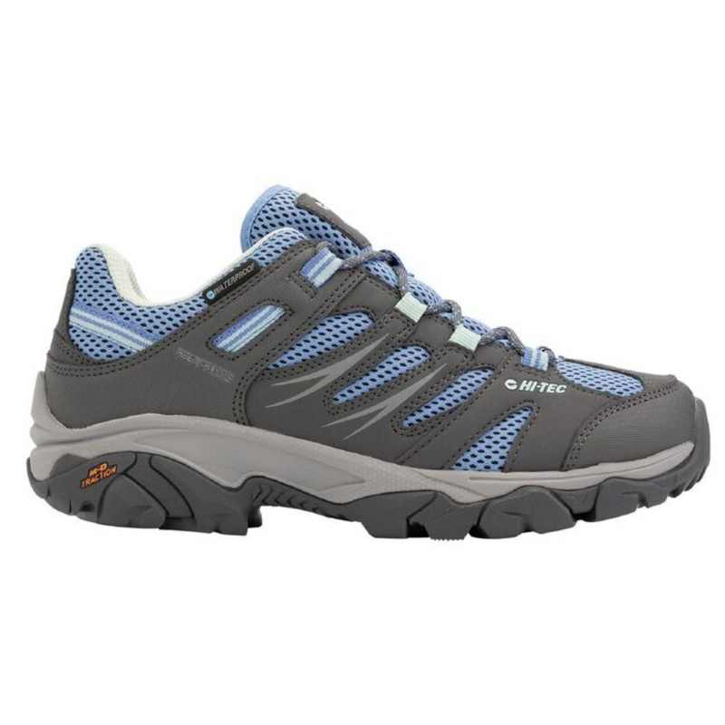 Load image into Gallery viewer, HI-TEC TARANTULA LOW WP HIKING SHOES WOMENS [CLR:GREY/CHARCOAL/CORNFLOWER SZ:9.5]
