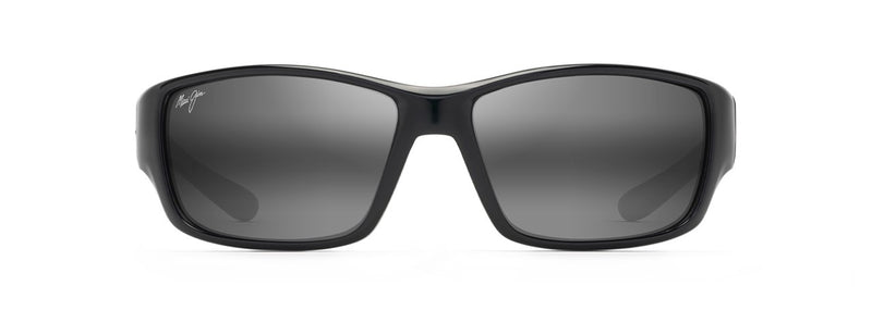 Load image into Gallery viewer, MAUI JIM LOCAL KINE SUNGLASSES SHINY BLACK WITH GREY AND MAROON THIN GLASS NEUTRAL GREY 
