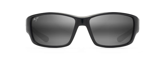 MAUI JIM LOCAL KINE SUNGLASSES SHINY BLACK WITH GREY AND MAROON THIN GLASS NEUTRAL GREY 