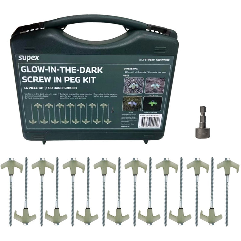 Load image into Gallery viewer, SUPEX 16 PCS GLOW IN THE DARK HARD GROUND SCREW IN PEG KIT
