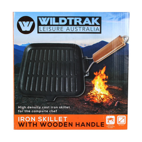 WILDTRAK CAST IRON GRIDDLE WITH WOOD FOLDING HANDLE 