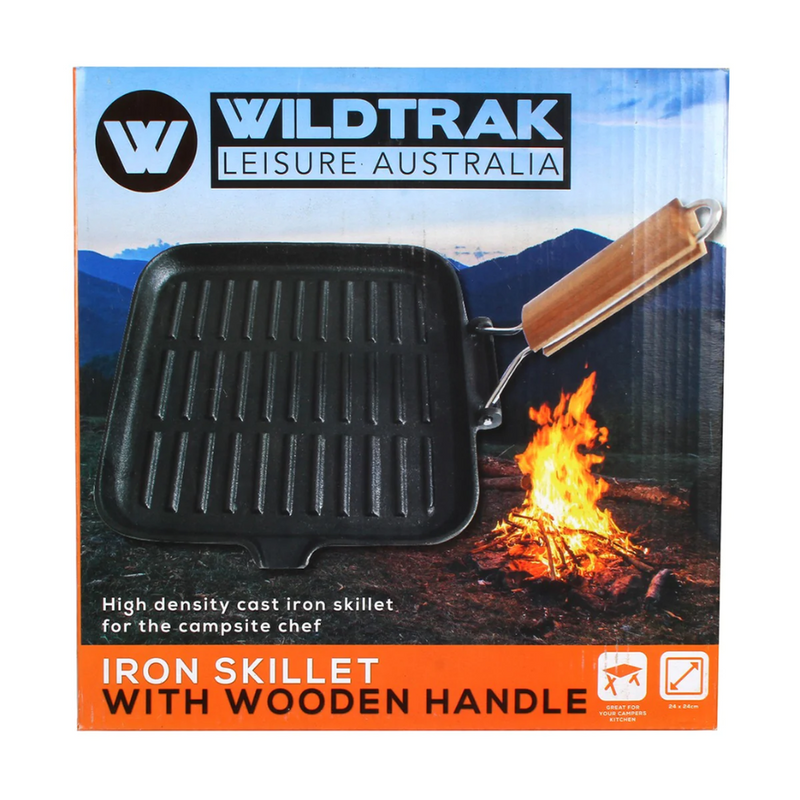 Load image into Gallery viewer, WILDTRAK CAST IRON GRIDDLE WITH WOOD FOLDING HANDLE 
