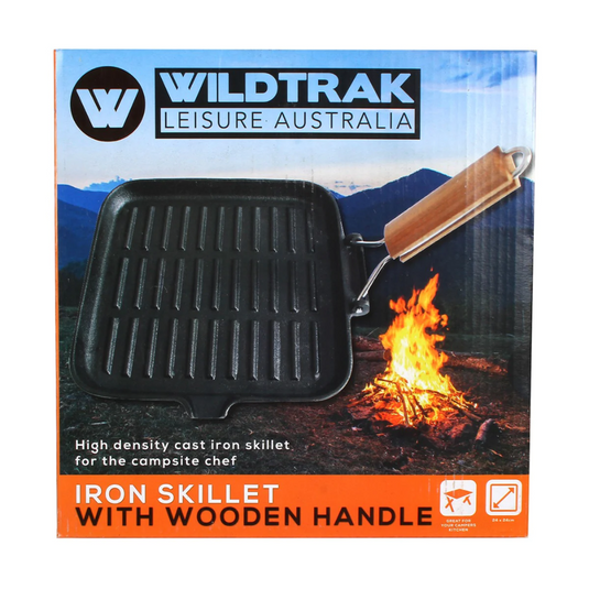WILDTRAK CAST IRON GRIDDLE WITH WOOD FOLDING HANDLE 