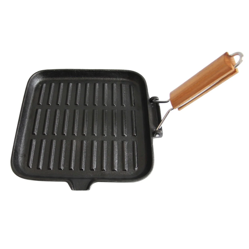 Load image into Gallery viewer, WILDTRAK CAST IRON GRIDDLE WITH WOOD FOLDING HANDLE 
