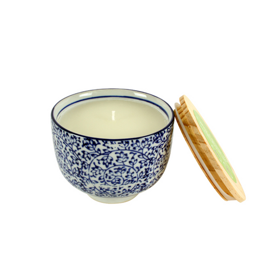 DRAGONFLY CERAMIC POT BAMBOO LID SANDLWOOD CITRONELLA CANDLE 12X9CM