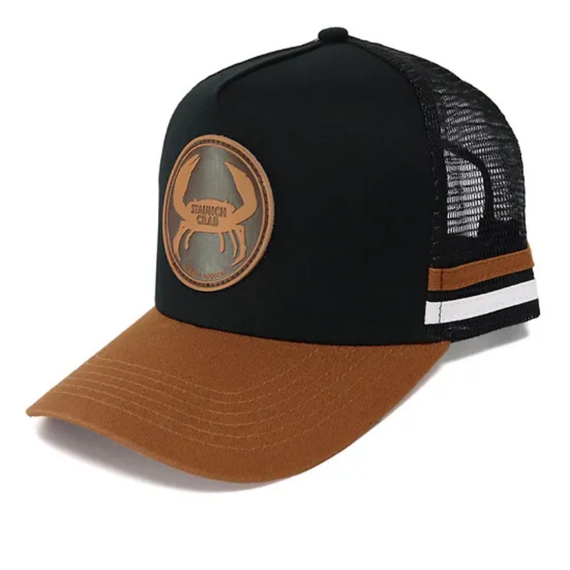 Load image into Gallery viewer, STAUNCH CRAB TRUCKER HAT COUNTRY LEATHER PATCH BLACK/BROWN
