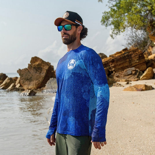 STAUNCH CRAB MENS SINIK BLUE UPF50+ LONG SLEEVE FISHING SHIRT [SZ:MEDIUM]
