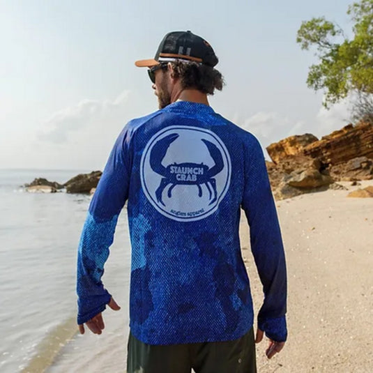 STAUNCH CRAB MENS SINIK BLUE UPF50+ LONG SLEEVE FISHING SHIRT [SZ:MEDIUM]