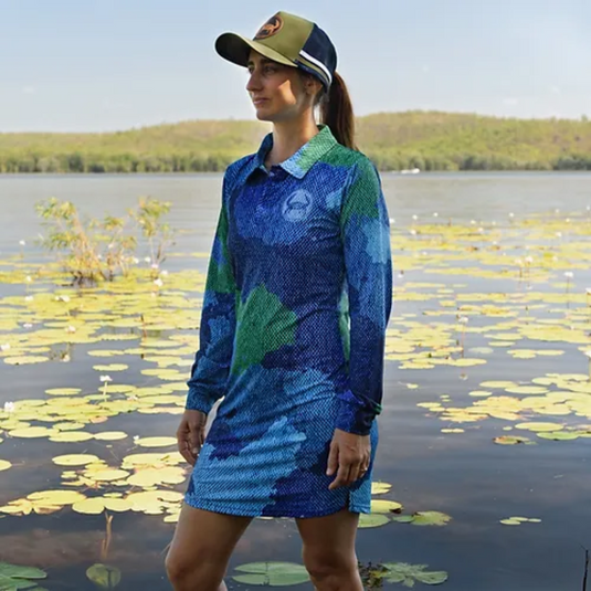 STAUNCH CRAB WOMENS SINIK BLUE/GREEN COLLARED FISHING DRESS LONG SLEEVE [SZ:X-SMALL]