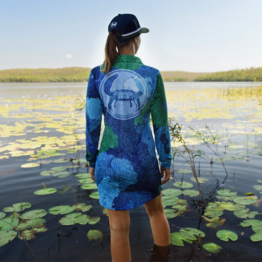 STAUNCH CRAB WOMENS SINIK BLUE/GREEN COLLARED FISHING DRESS LONG SLEEVE [SZ:X-SMALL]