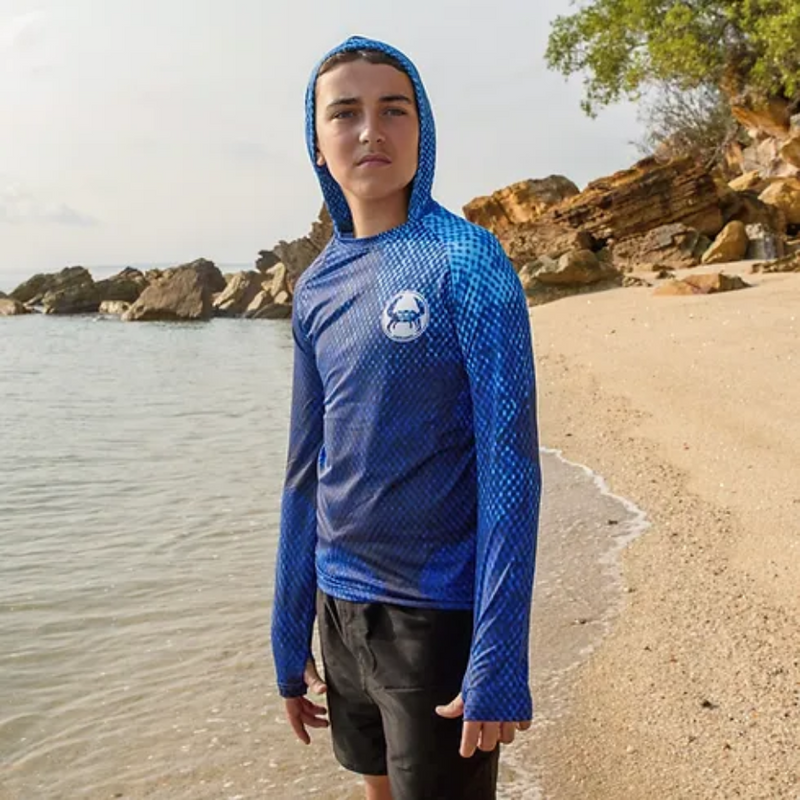 Load image into Gallery viewer, STAUNCH CRAB KIDS SINIK BLUE HOODED UPF50+ LONG SLEEVE FISHING SHIRT [SZ:0]

