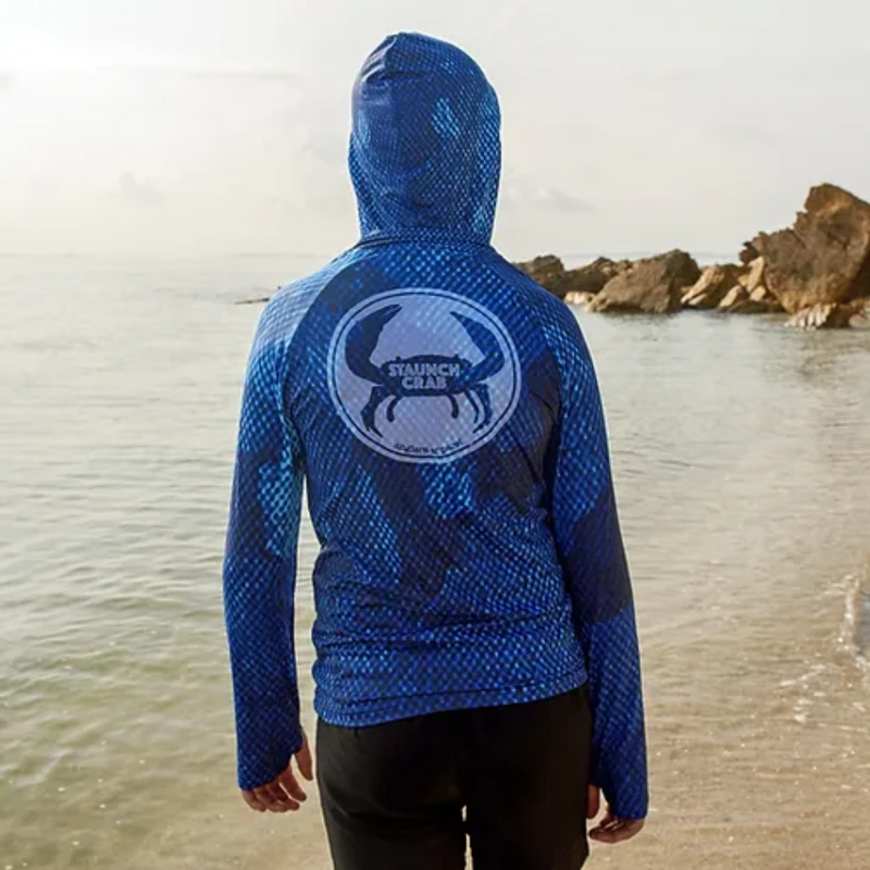 Load image into Gallery viewer, STAUNCH CRAB KIDS SINIK BLUE HOODED UPF50+ LONG SLEEVE FISHING SHIRT [SZ:0]

