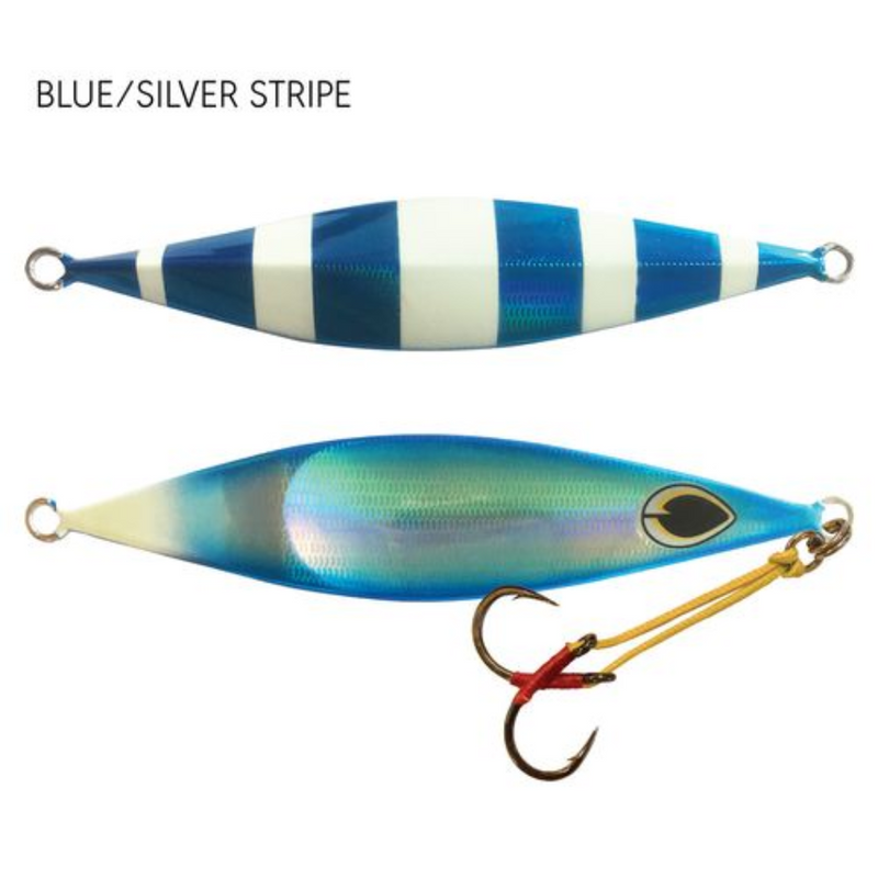 Load image into Gallery viewer, BLACK MAGIC FLIPPER JIG [SZ:100G CLR:BLUE/LUMO STRIPE]
