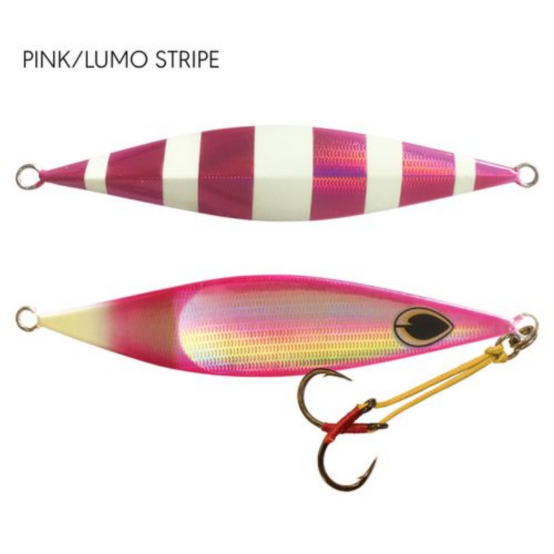 Load image into Gallery viewer, BLACK MAGIC FLIPPER JIG [SZ:100G CLR:PINK/LUMO STRIPE]
