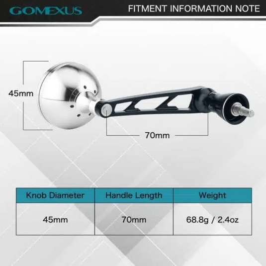 GOMEXUS 70MM ALUMINIUM HANDLE 45MM POWER KNOB BLACK & SILVER SHIMANO