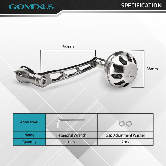 GOMEXUS 68MM ALUMINUM POWER HANDLE 38MM KNOB DAIWA [CLR:SILVER & BLACK]