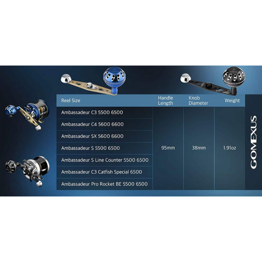 GOMEXUS 95MM HANDLE 38MM ALUMINIUM KNOB BLUE AND GOLD ABU 8X5 